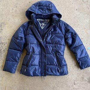 GUESS Los Angeles Women's Shiny Blue Puffer Jacket Hooded Coat Size M
